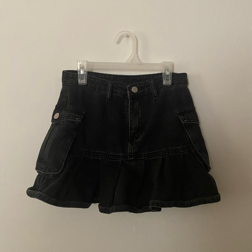 Pleated Denim Mini A-Line Skirt